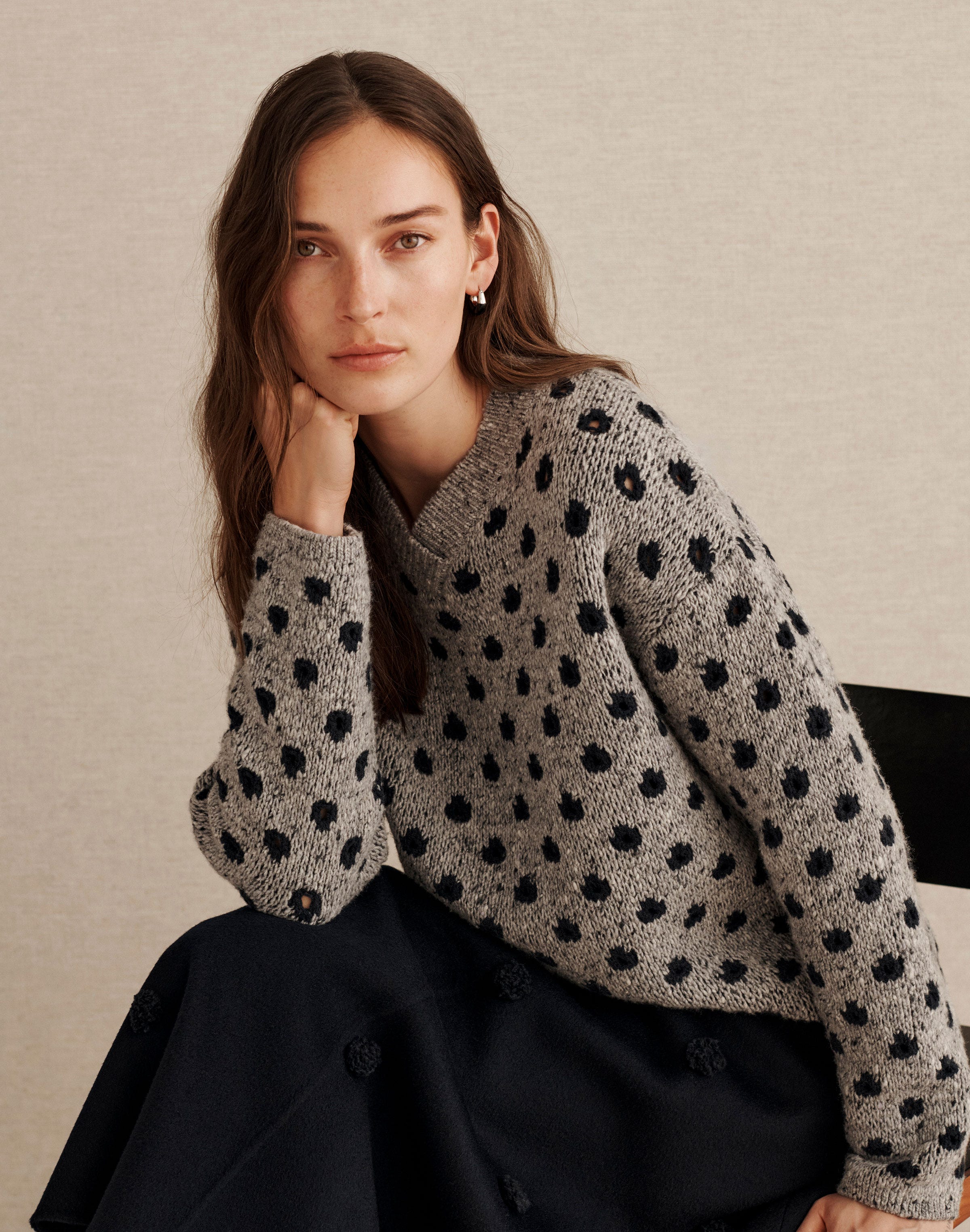 Polka Dot Cashmere-Wool Sweater and Embellished Skirt