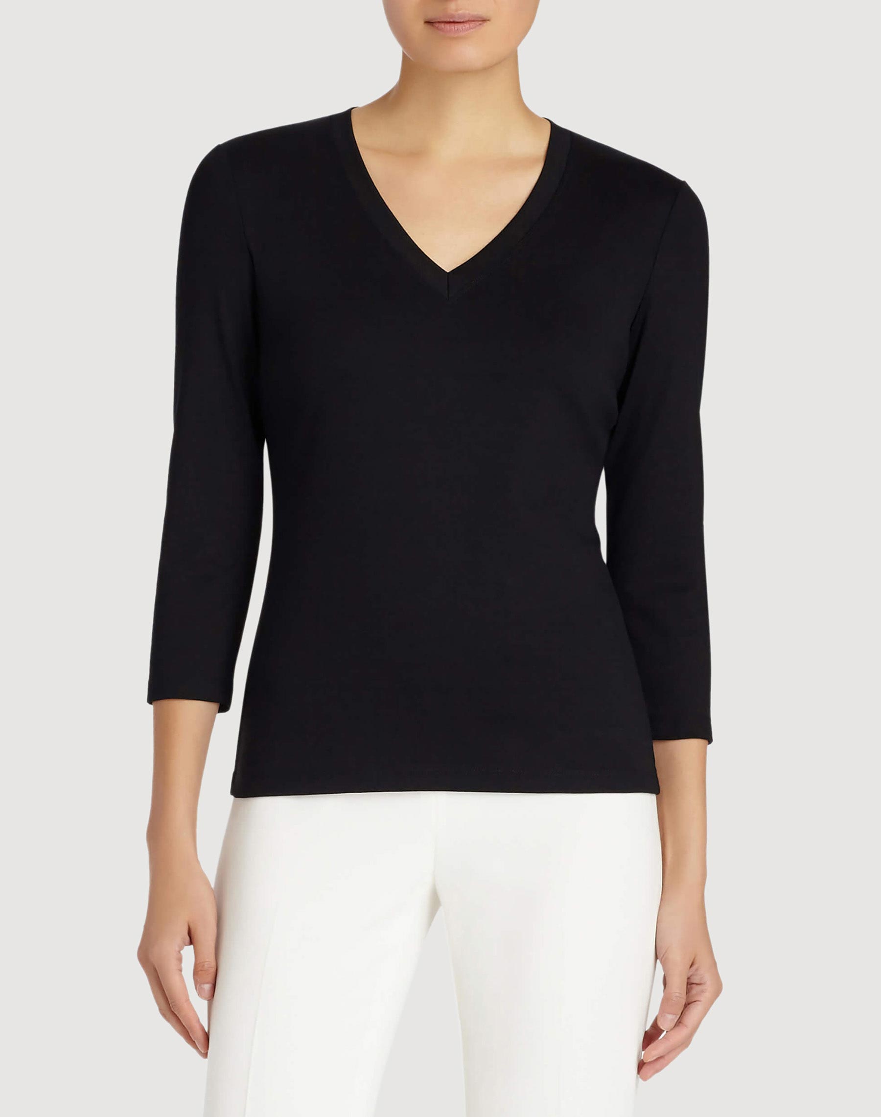 Lafayette 148 Swiss Cotton Rib V-neck Tee In Black