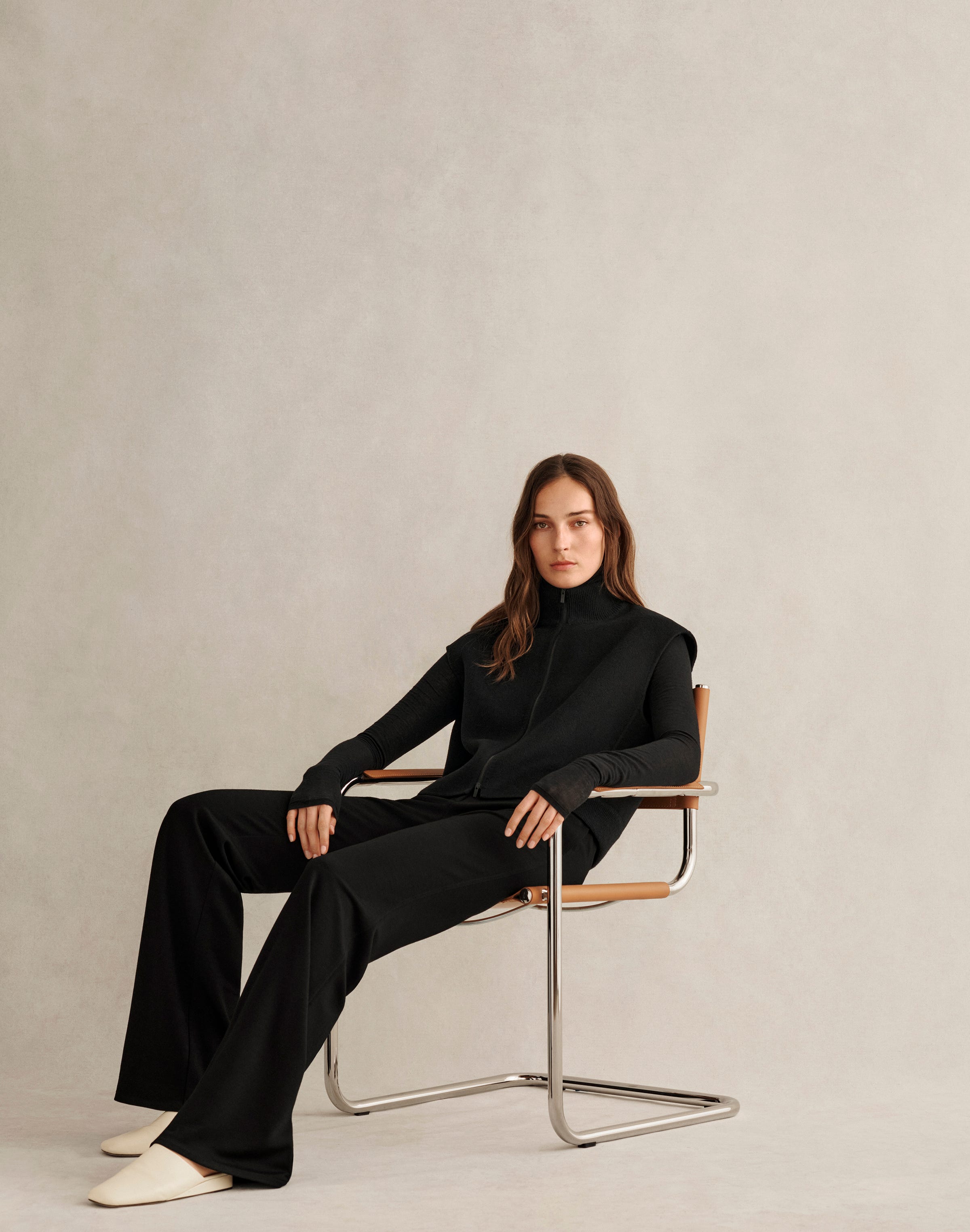 Wool-Cashmere Vest and Matte Crepe Thomas Pant with Viscose-Cashmere Jersey Turtleneck