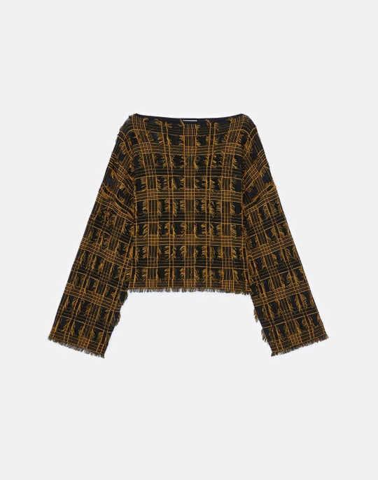 Plaid Jacquard Knit Fringed Sweater