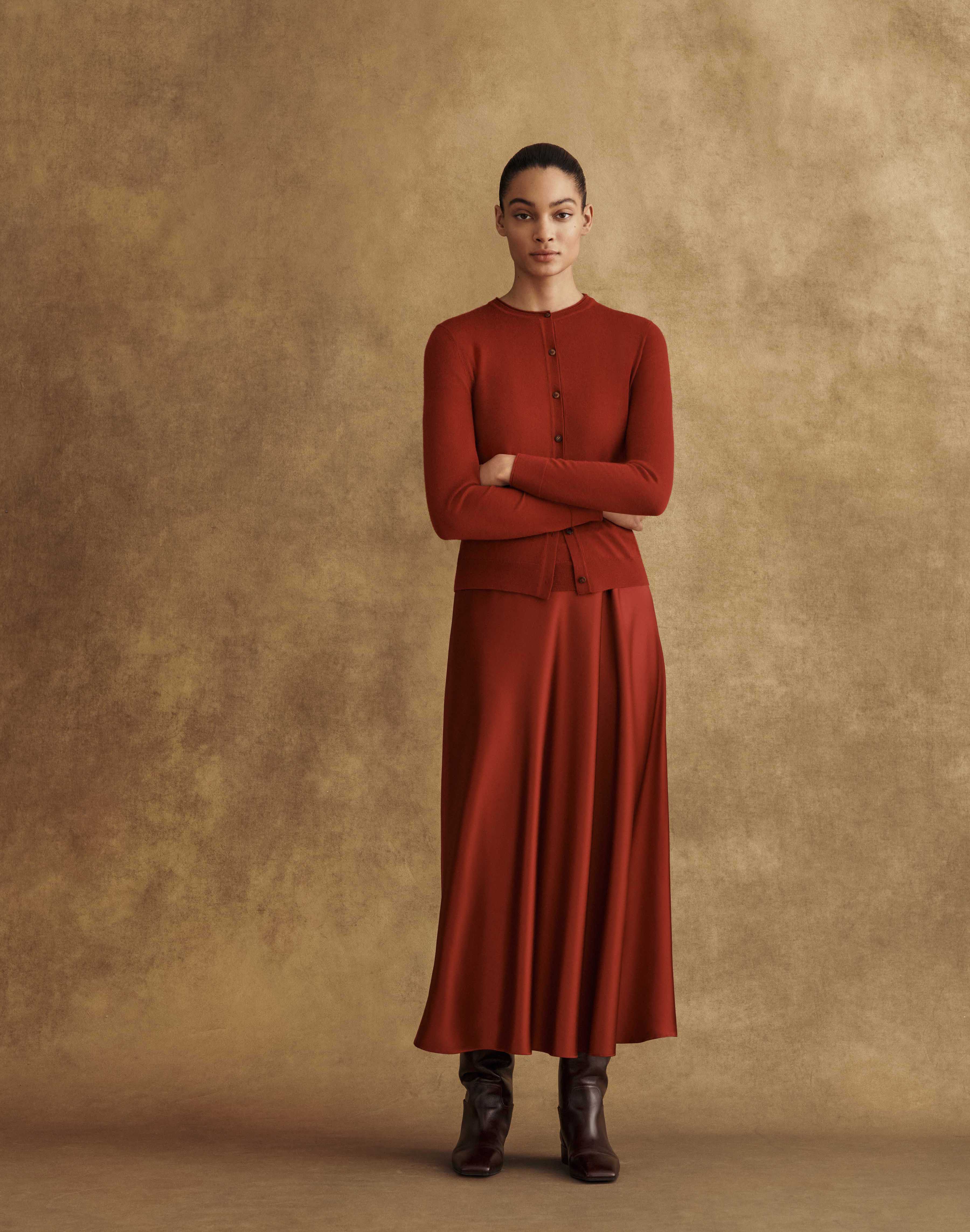 Cashmere Cardigan and Satin Wrap Flared Dress