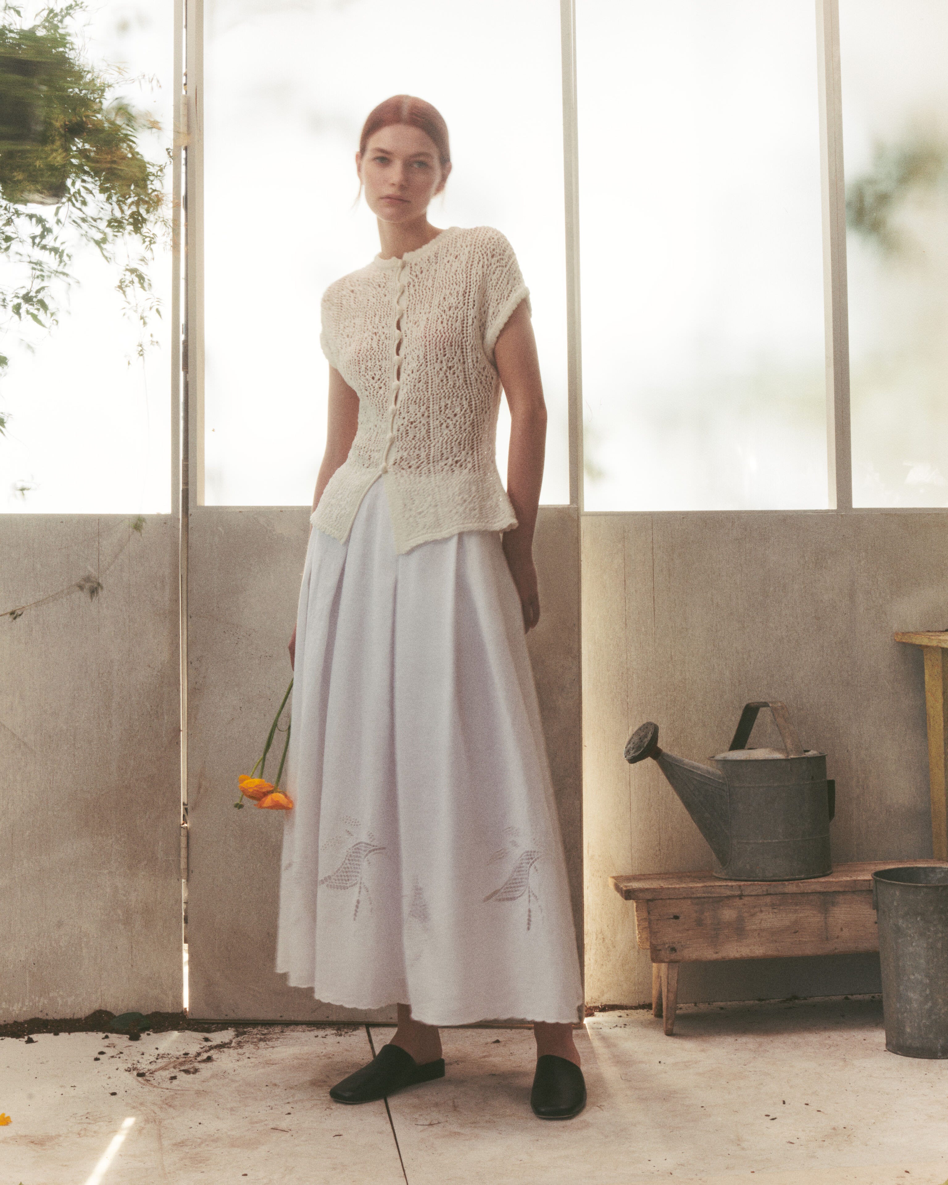 Cotton Lace Stitch Sweater and Linen Embroidered Skirt