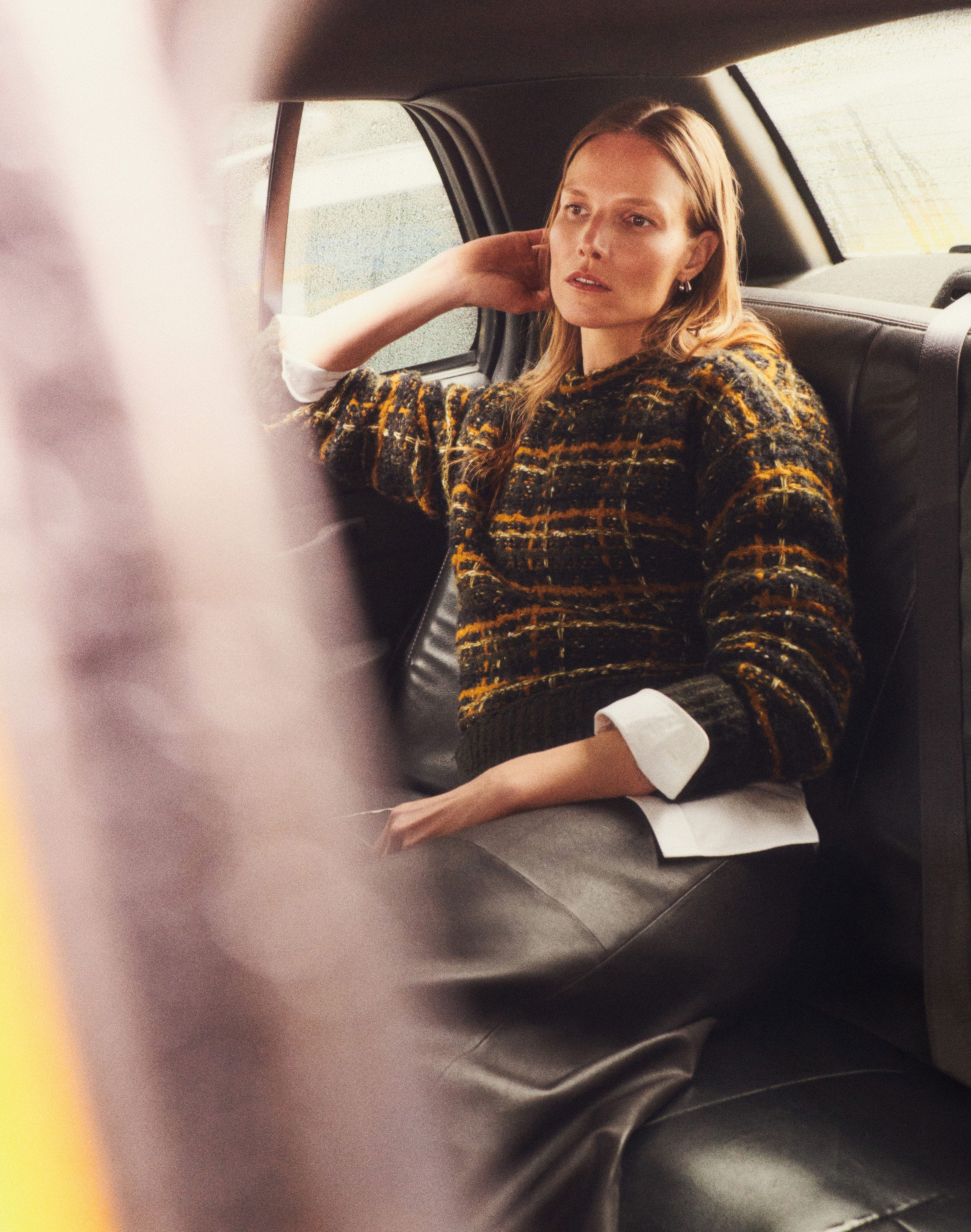 Glen Plaid Wool Sweater and Leather Skirt with Cotton Shirt