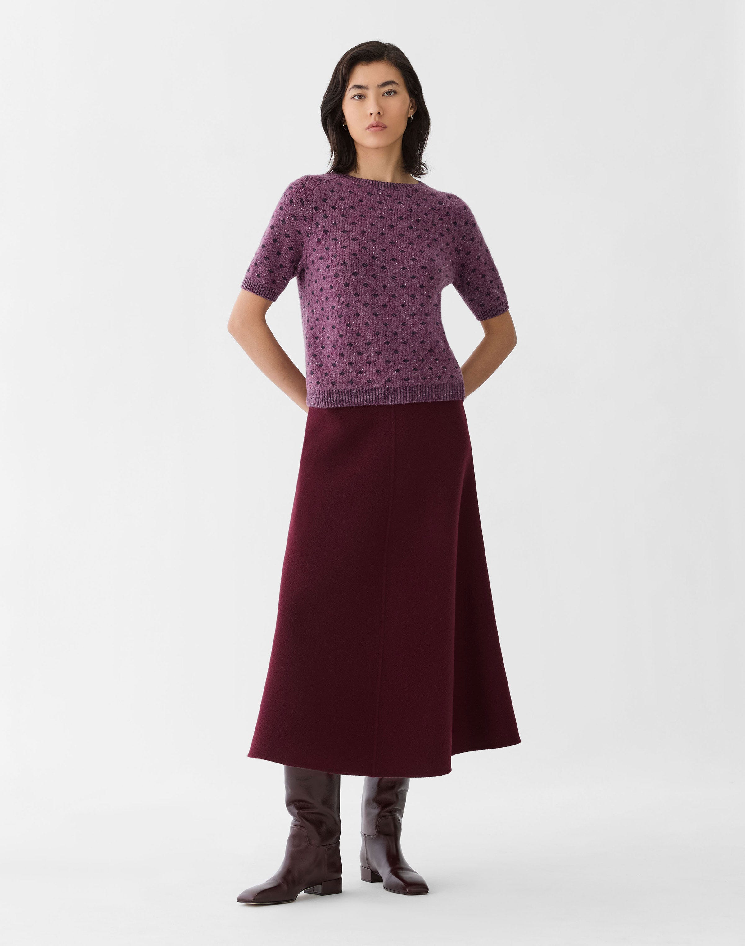 Polka Dot Jacquard Cashmere Donegal Short Sleeve Sweater
