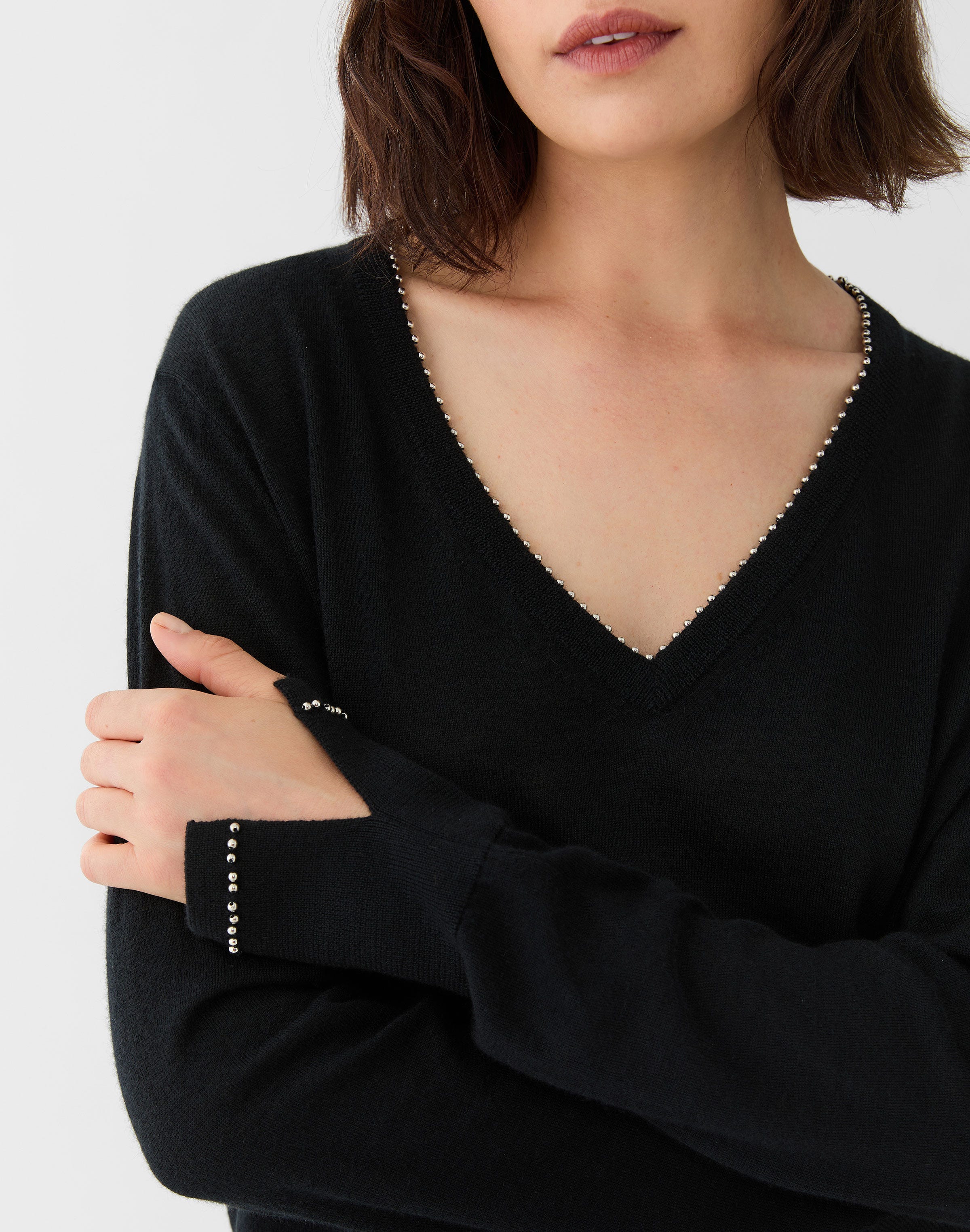 Petite Fine Gauge Cashmere Hand Beaded V-Neck Sweater