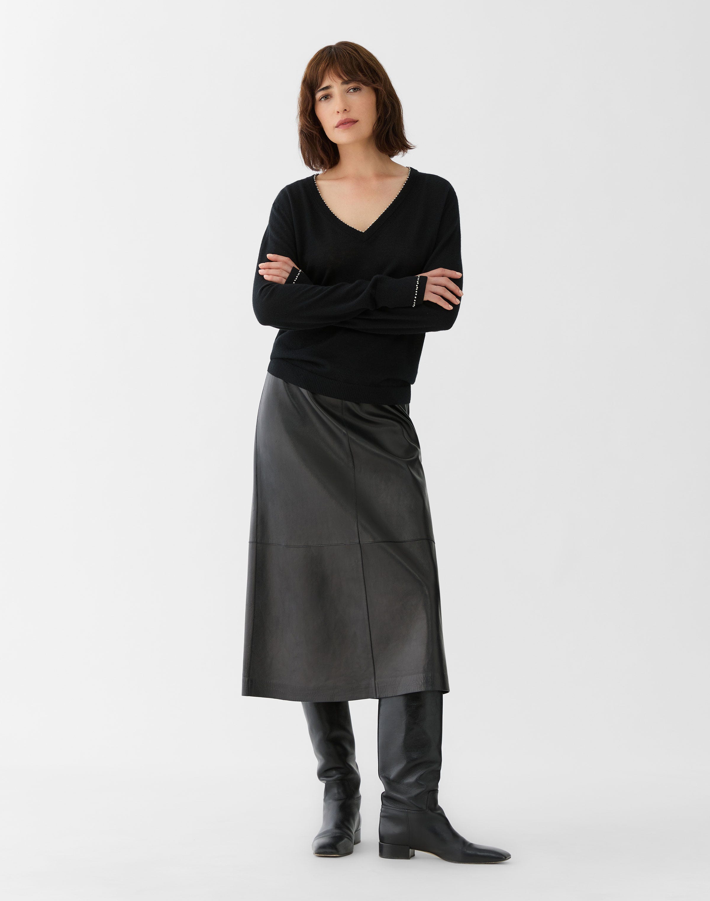 Petite Fine Gauge Cashmere Hand Beaded V-Neck Sweater